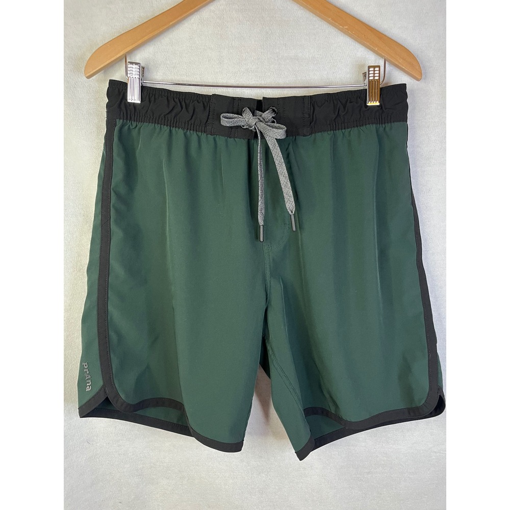 Prana Ground Speed Shorts Forest‎ Green Men's Athletic Trunks L Black Waistband